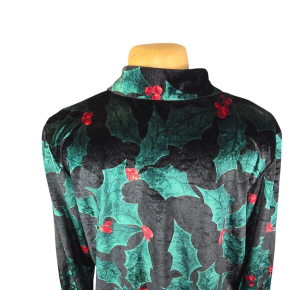 Quacker Factory Holiday Velvet Shirt Womens L Holly Berry Rhinestone Top Festive - Picture 5 of 12
